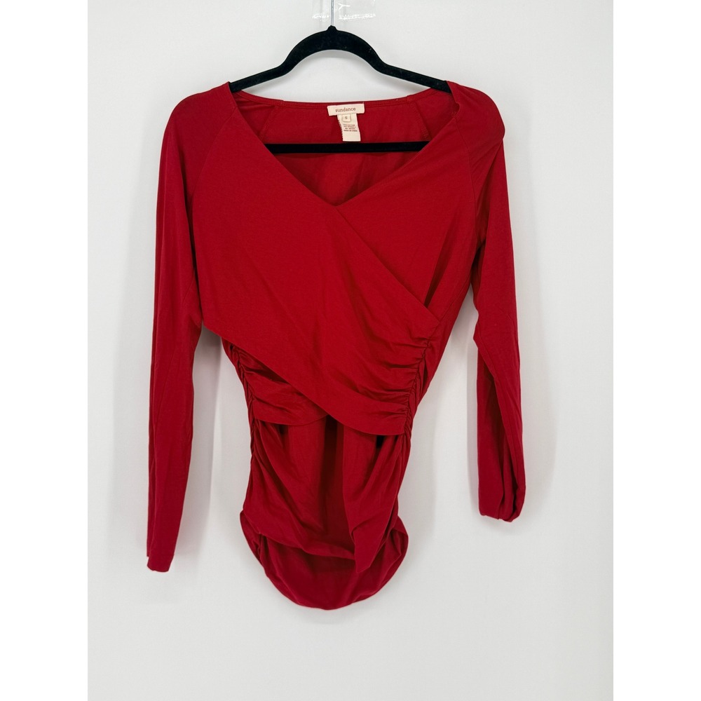 Sundance Womens Ruched Faux Wrap Long Sleeve Red V Neck Top Office Boho Size S